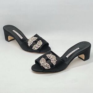 Manolo Blahnik Prinap 50MM Satin Crystal Buckle Mules size 36